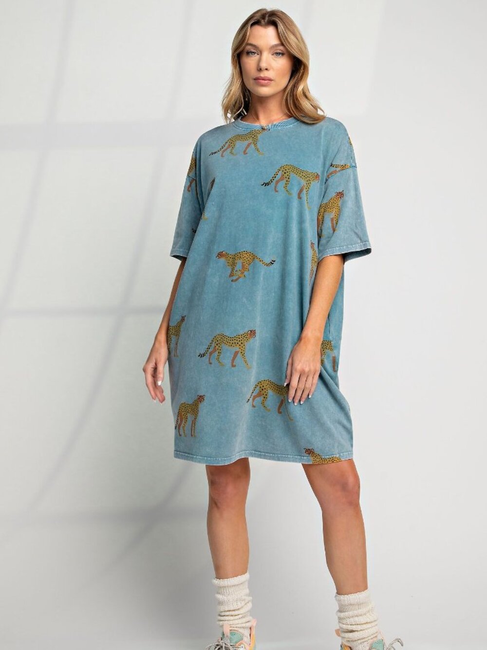 Easel Mineral Washed Cheetah Print T-Shirt Dress 100% Cotton PLUS SIZES NWT